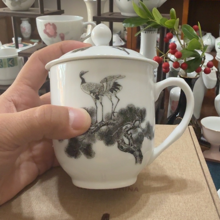 醴陵群力老瓷器釉下彩松鹤茶杯有瑕疵福利