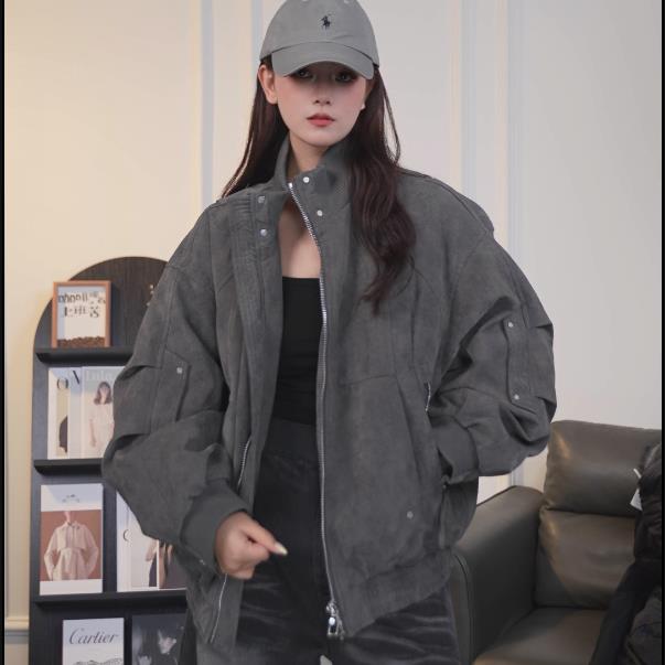 潮牌解构立领羽绒服男冬季美式痞帅宽松皮衣夹克高街百搭工装外套