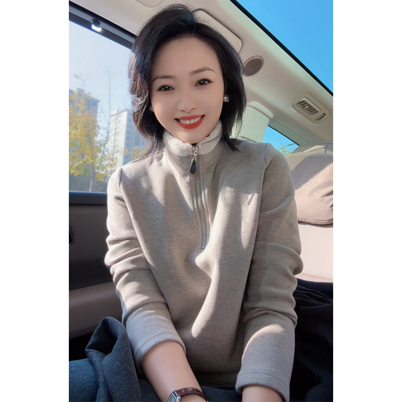 毛毛拼接立领双面德绒打底衫冬款百搭加厚保暖长袖T恤半拉链25284