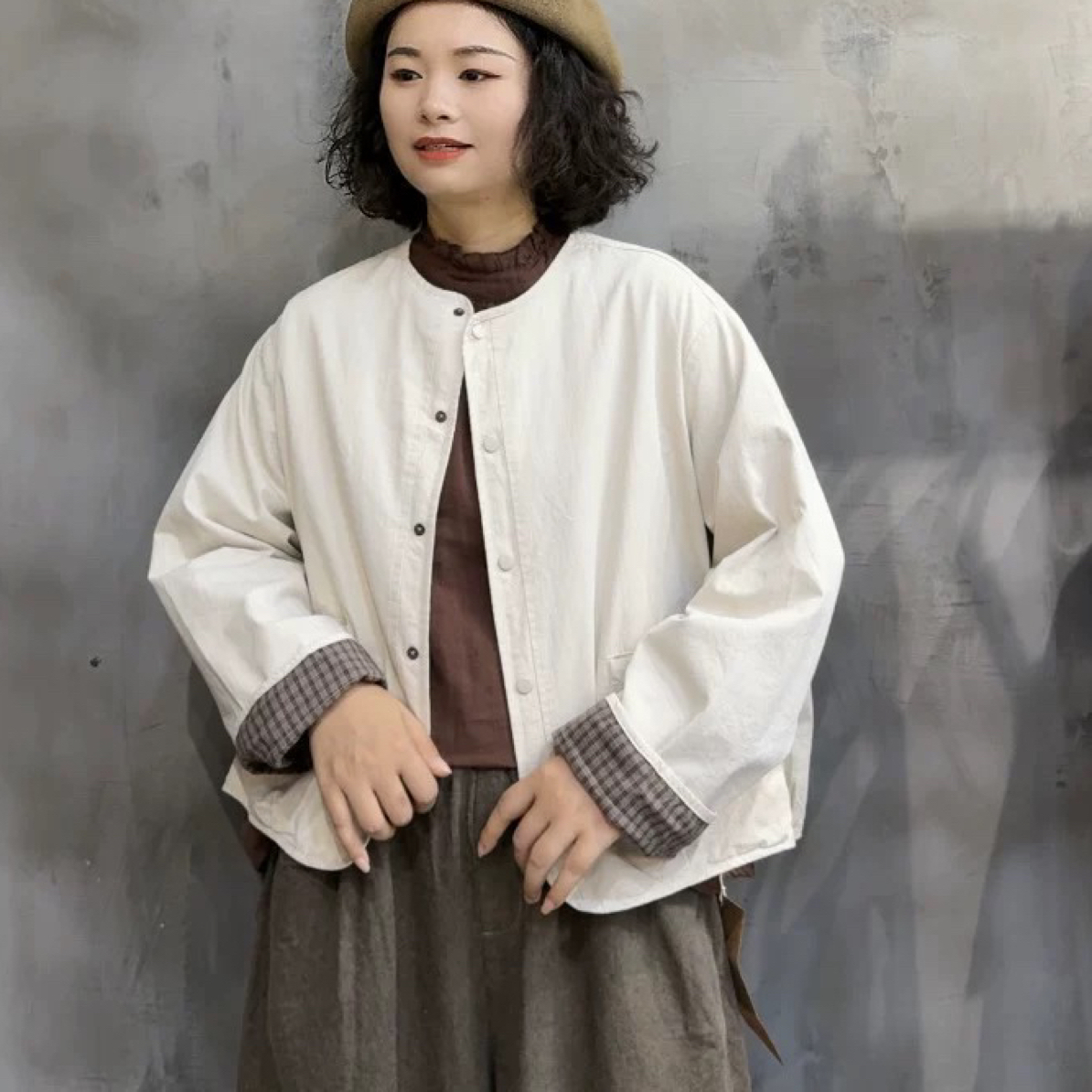 芒果小妖日系文艺极简风纯棉双层圆领外套女宽松休闲卷袖格子上衣