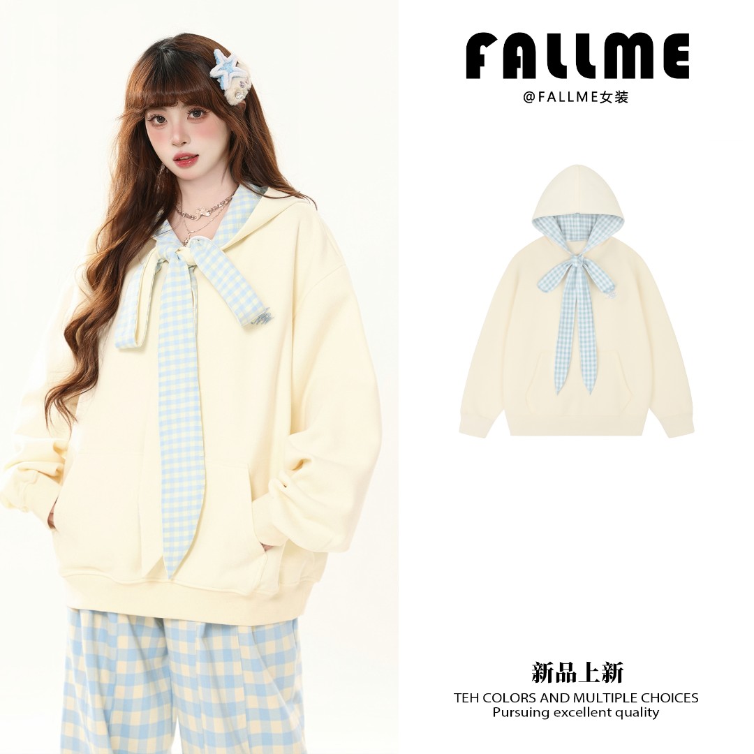 FALLME学院风甜美格子围巾领秋冬连帽卫衣女春秋季小众设计感上衣