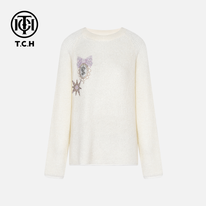 TCH私服烫钻工艺秋季时尚纯欲慵懒风针织衫女T75C09E5125轻奢tch