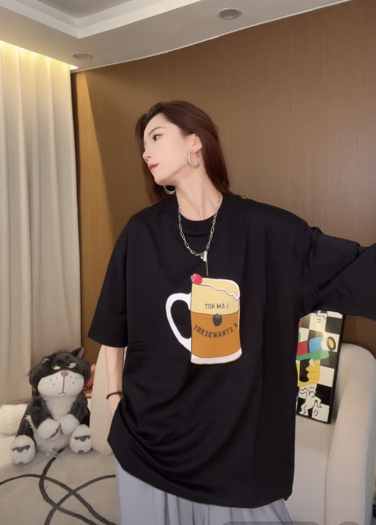 2025啤酒款休闲百搭短袖T恤宽松洋气中短款半袖纯棉88088