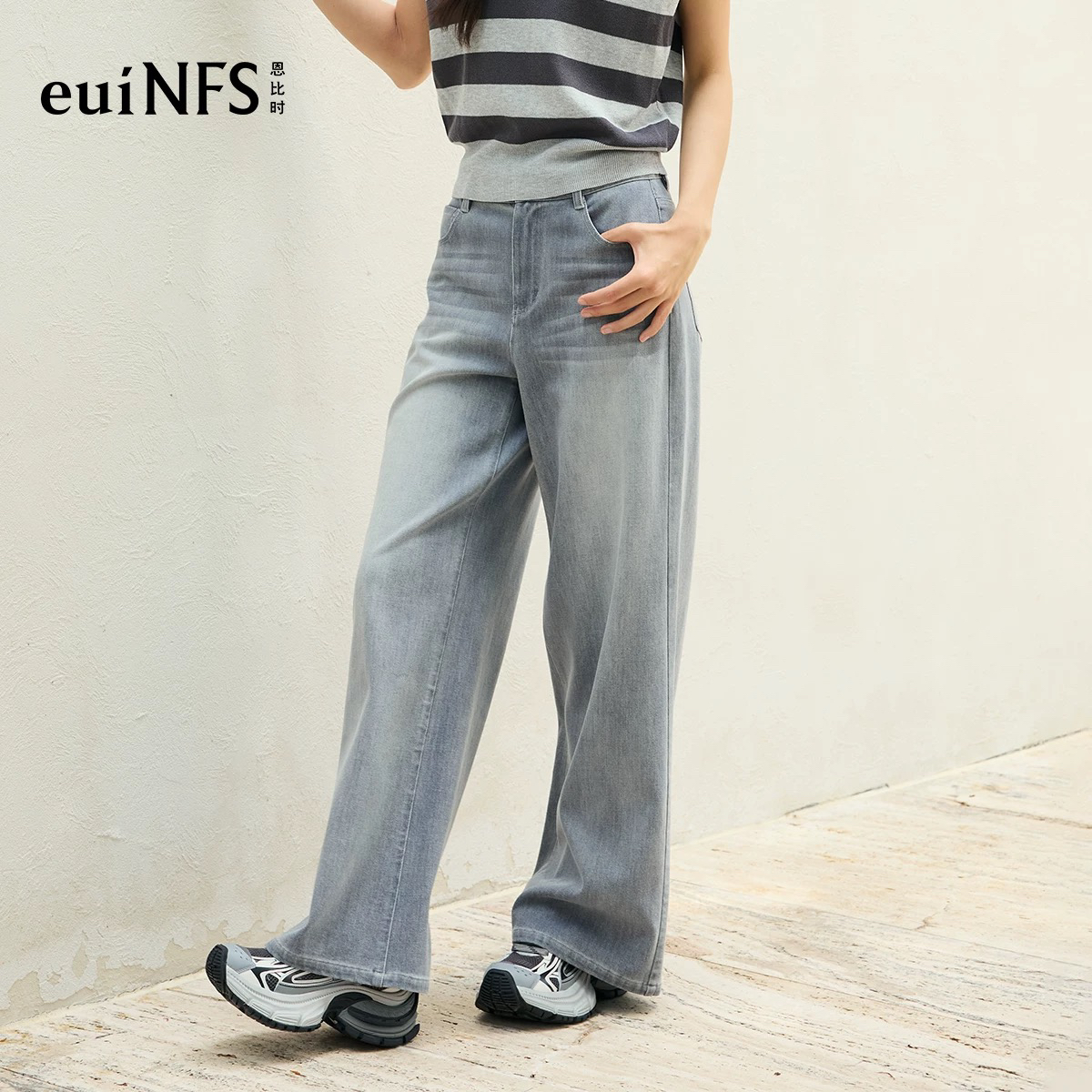 恩比时浅灰牛仔裤2025夏季新款高腰气质休闲显瘦百搭直筒阔腿长裤