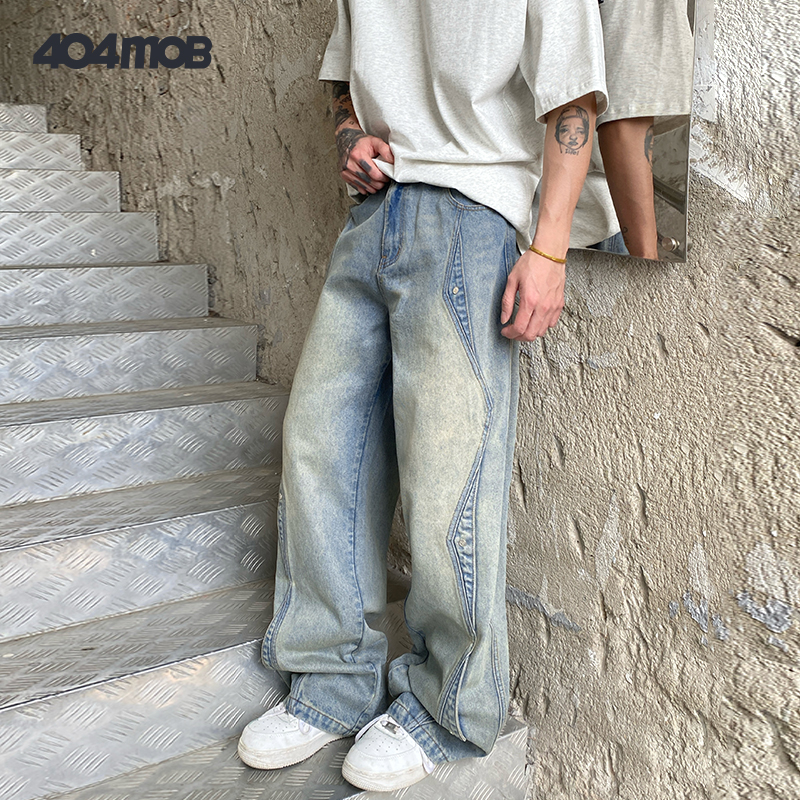 404MOB 美式高街牛仔裤男女潮牌宽松水洗小众设计感长裤