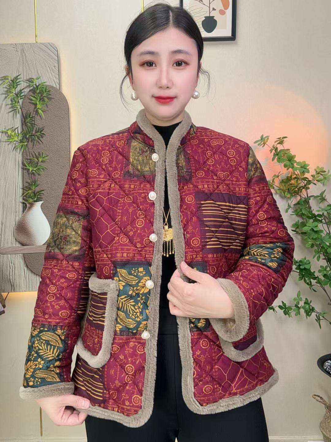 加绒保暖妈妈冬装文艺复古毛毛边立领冬季棉衣