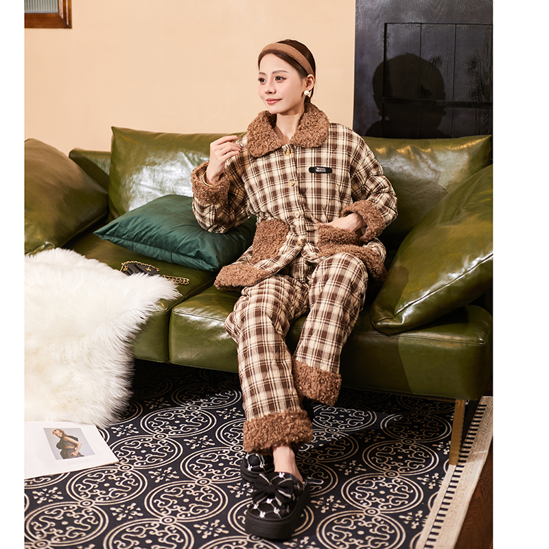 T5509原创设计三层夹棉高级感加绒加厚保暖睡衣女家居服套装1