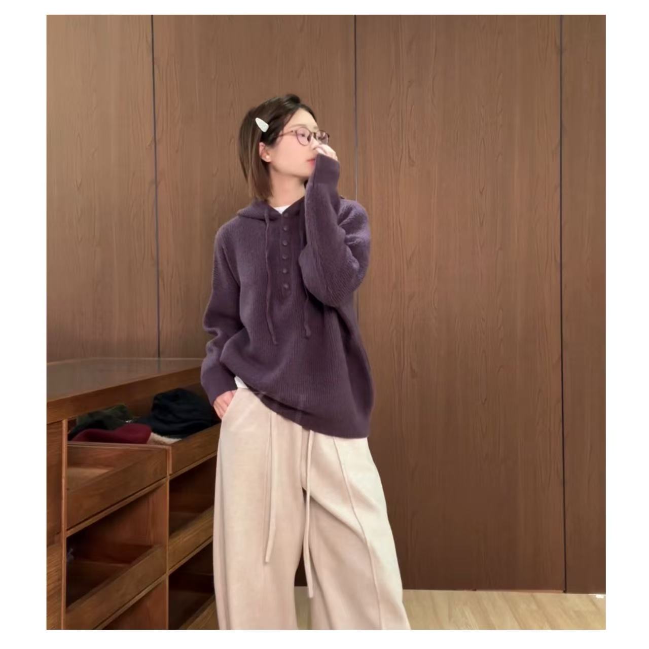 Zoe 原创【Bambi】宽松设计感毛衣包扣亮色毛衣连帽外套宽松休闲