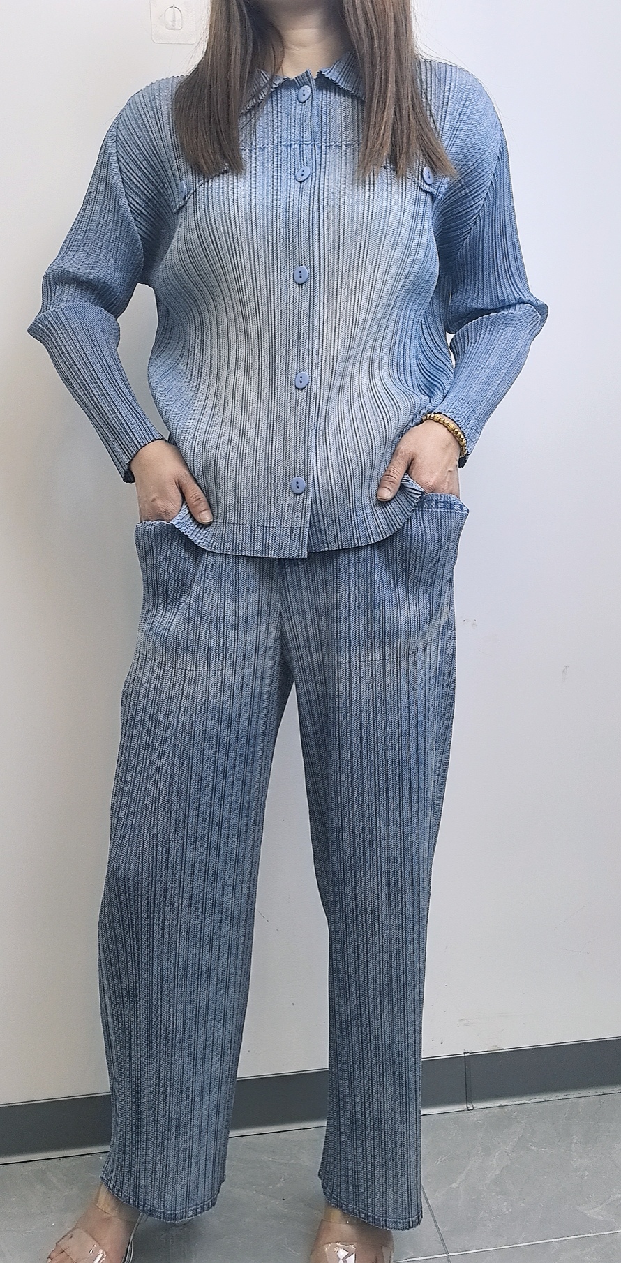 褶皱牛仔印花套装