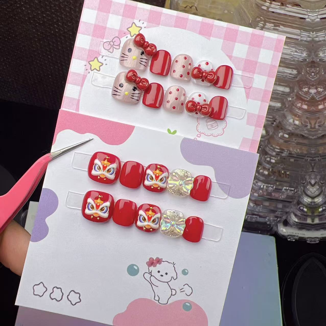 （小朋友)纯手工可爱新年卡通红色醒狮/猫咪穿戴甲防啃甲