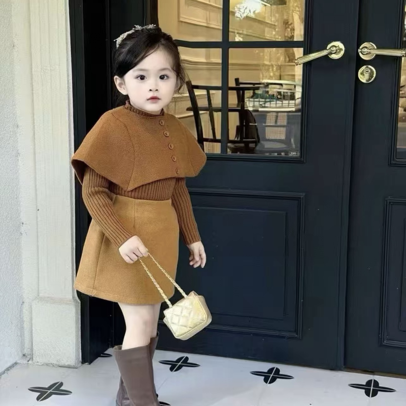女童法式秋冬季厚款毛衣圆领百搭上衣时尚半裙儿童三件套装