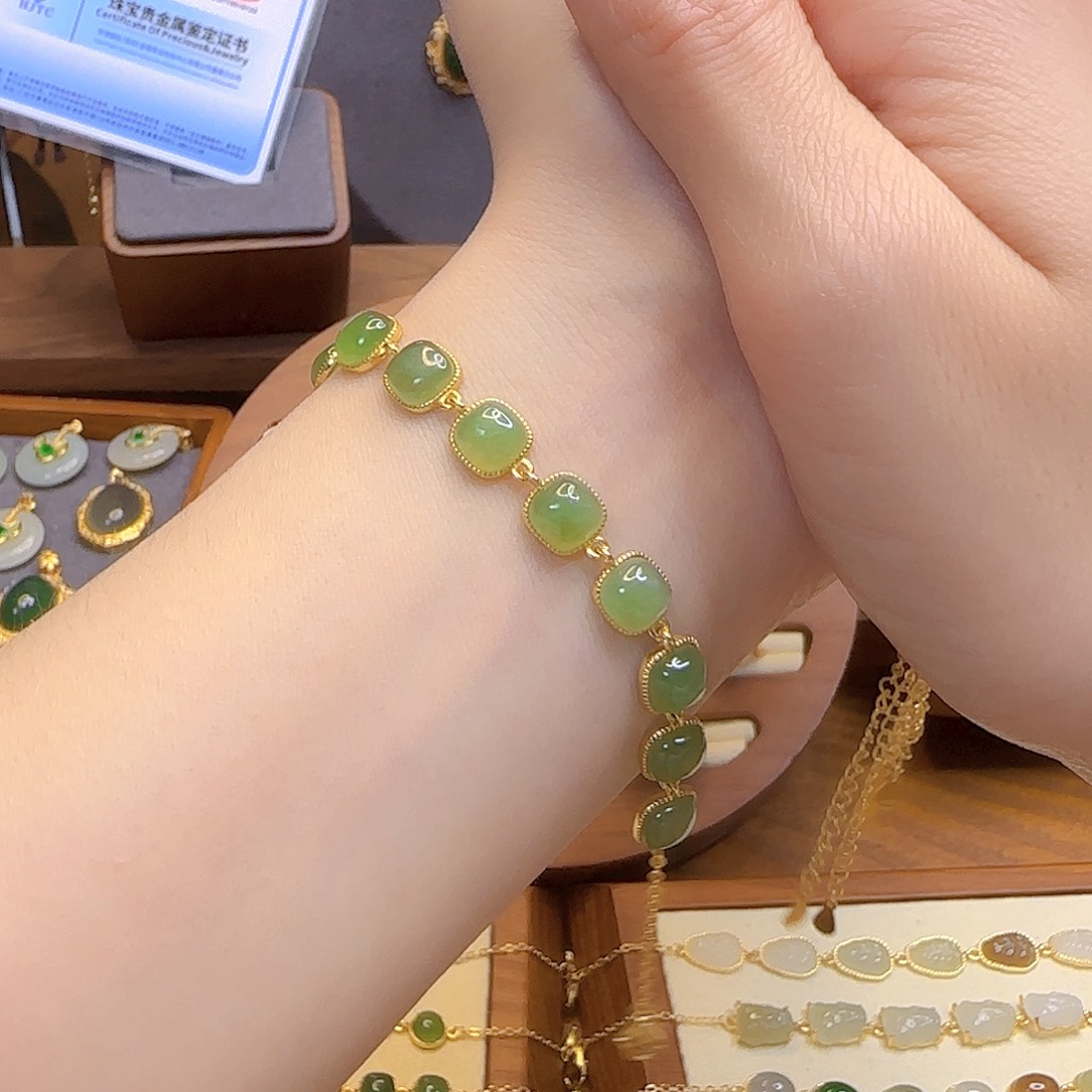 和田玉手链银S925镀金镶嵌