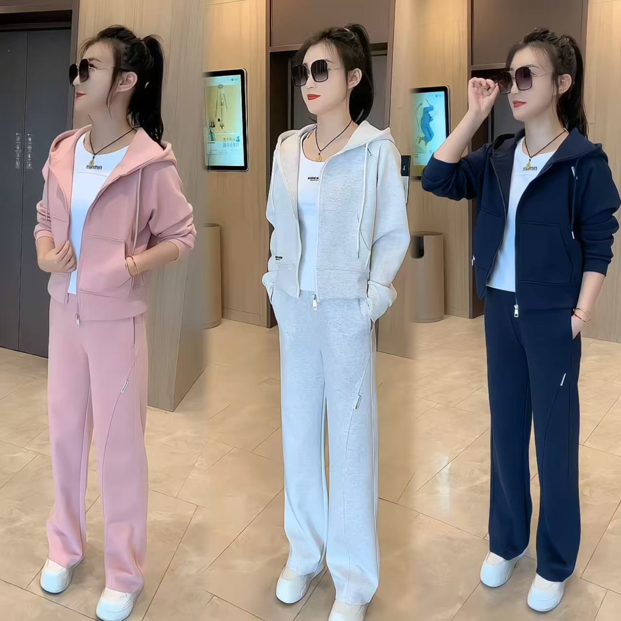 2025秋季新款休闲时尚套装女宽松连帽卫衣阔腿裤运动两件套307308