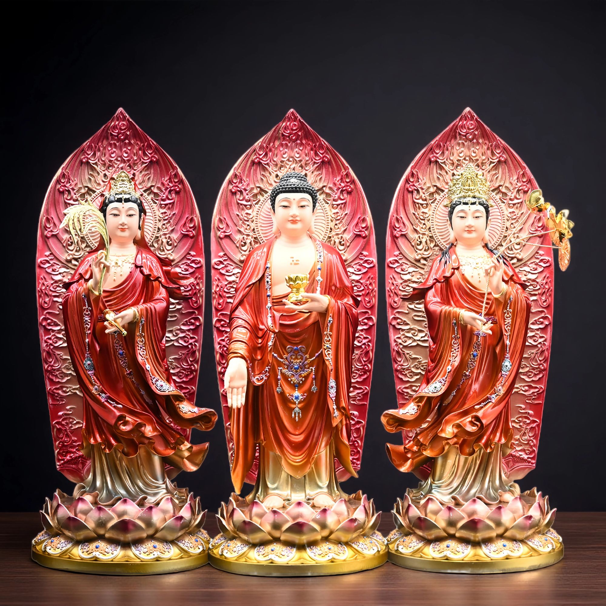 树脂西方三圣铜彩家用佛像带背光观世音菩萨大势至菩萨阿弥陀佛