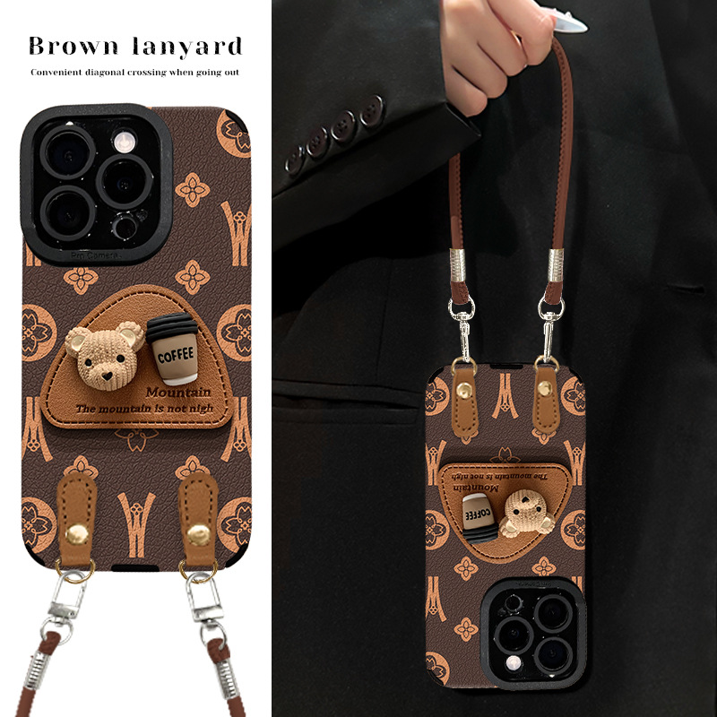 咖啡小熊支架适用16手机壳iphone15promax瞳眼羊皮13挂绳硅胶