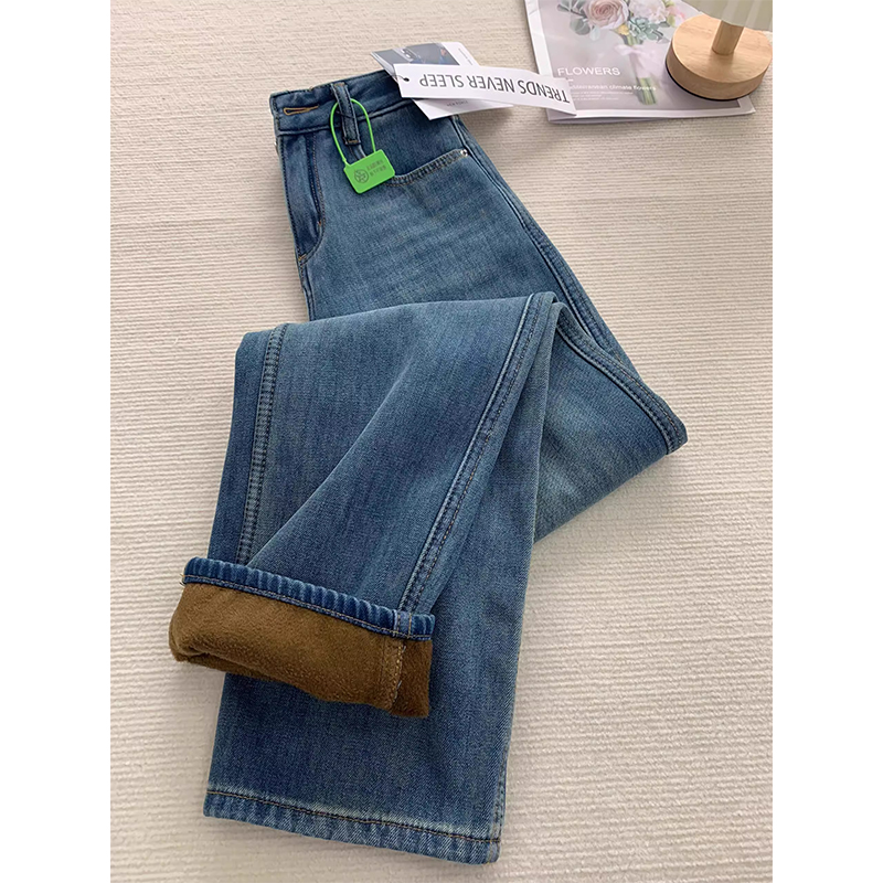 美式复古蓝加绒保暖直筒牛仔裤女秋冬新款高腰宽松显瘦窄版阔腿裤