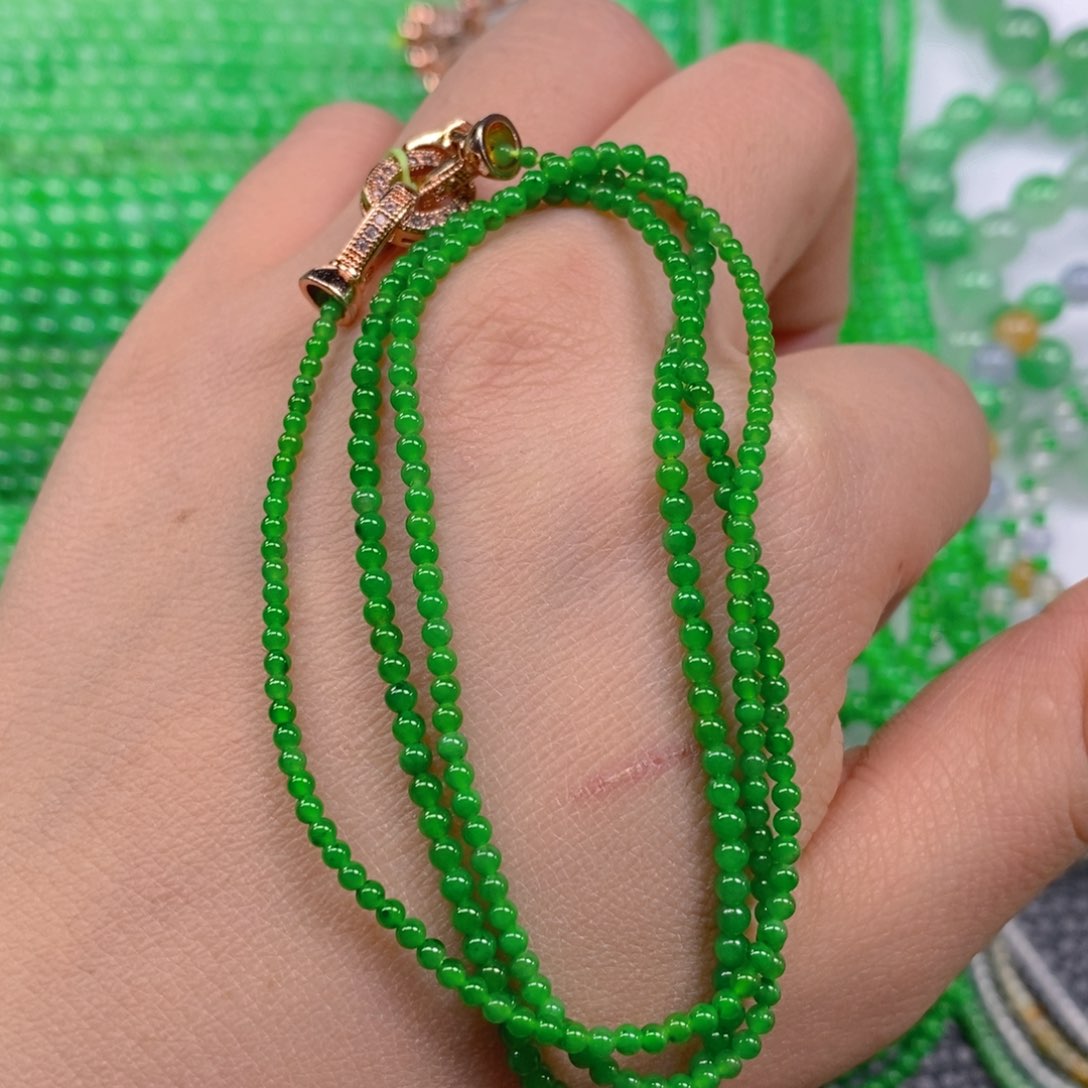 翡翠颈饰未镶嵌冰种浓阳绿小米珠塔链2，3m' m