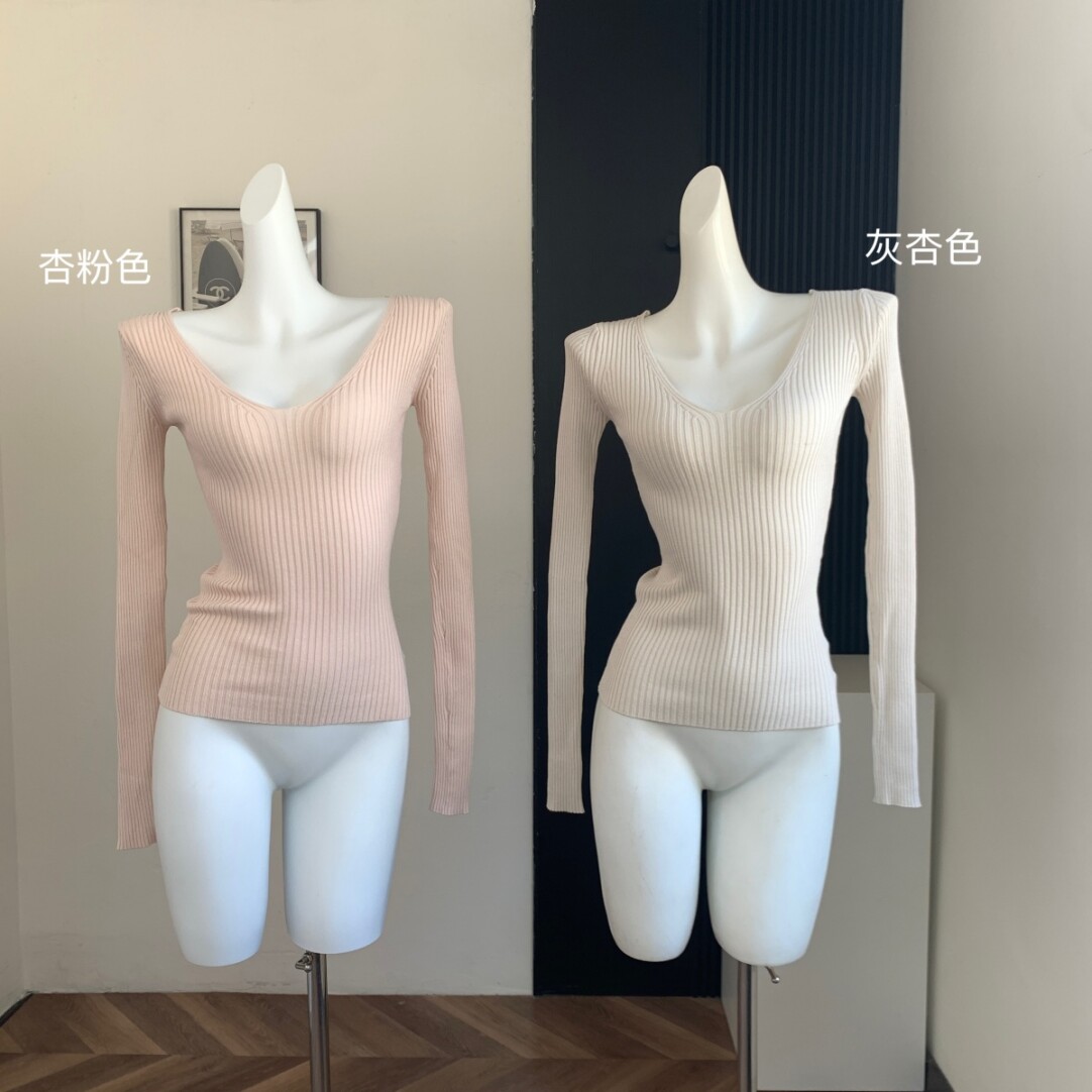 秋冬新款温温柔柔多穿v领修身显瘦高弹力长袖针织上衣内搭打底衫