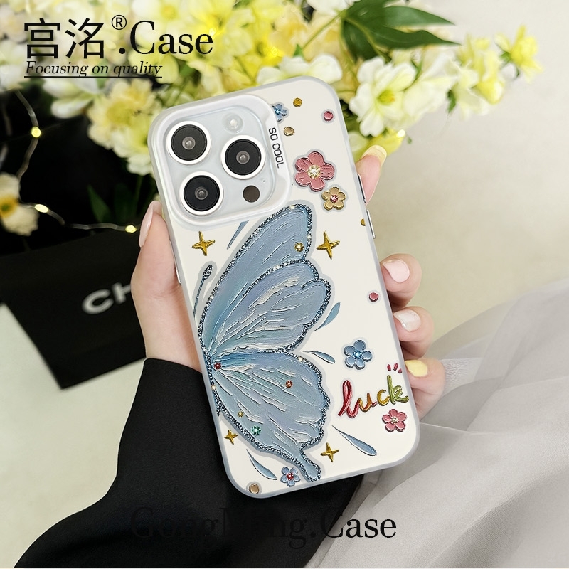 油画半只蝴蝶花彩银壳适用于iPhone苹果17手机壳华为oppo小米手机