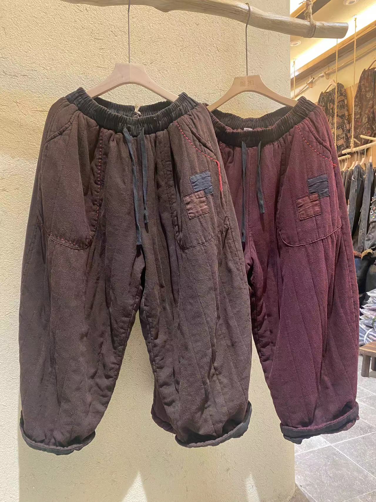 亚麻炒色 口袋贴布手工线老爹棉裤 966