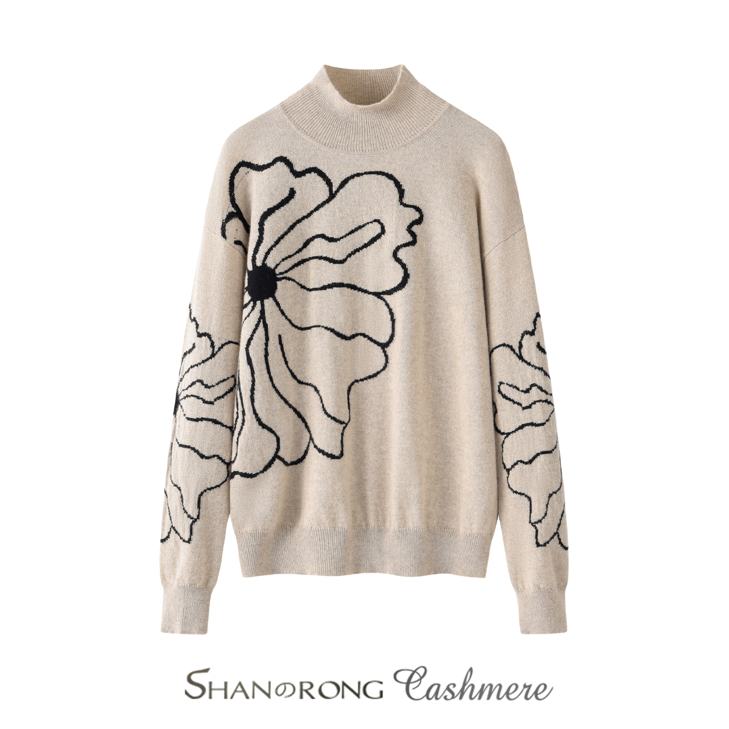 半高领精致套头衫100%纯山羊绒轻奢设计款花朵针织衫百搭羊绒衫