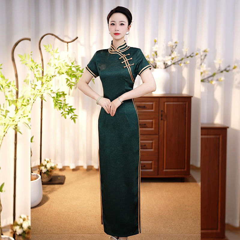 【德喜娟24】2025春夏新款高端印花复古中国风走秀长款旗袍连衣裙