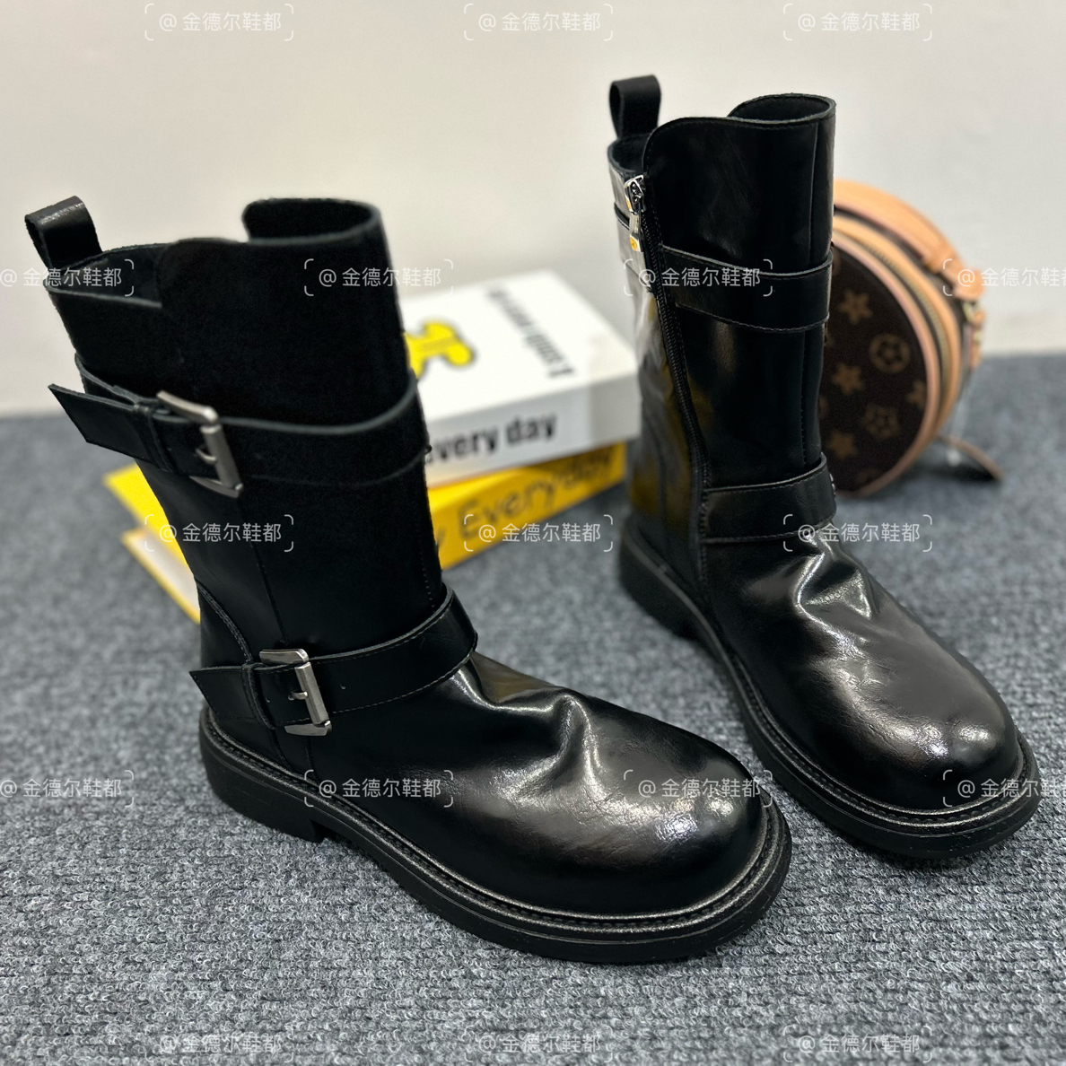 金德尔鞋都-皮带扣拉链时尚骑士靴马丁靴加绒加厚