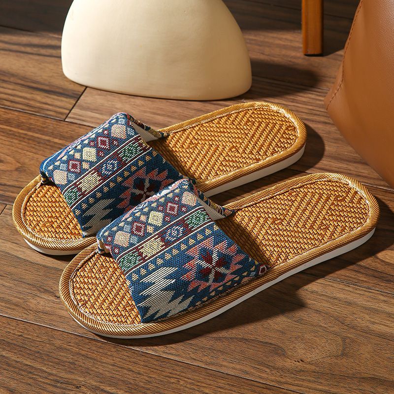 RM亚麻拖鞋男女室内藤草透气厚底防滑家居情侣拖鞋