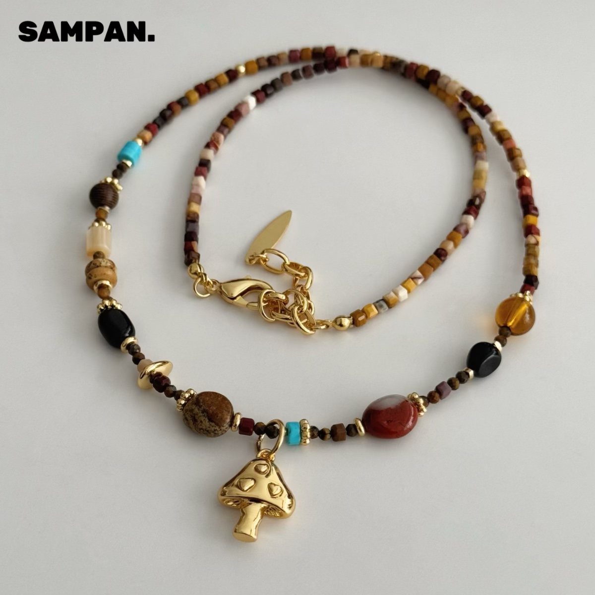 铜合金木质项链 春夏蘑菇项链串珠锁骨链小众高级彩色串珠毛衣链