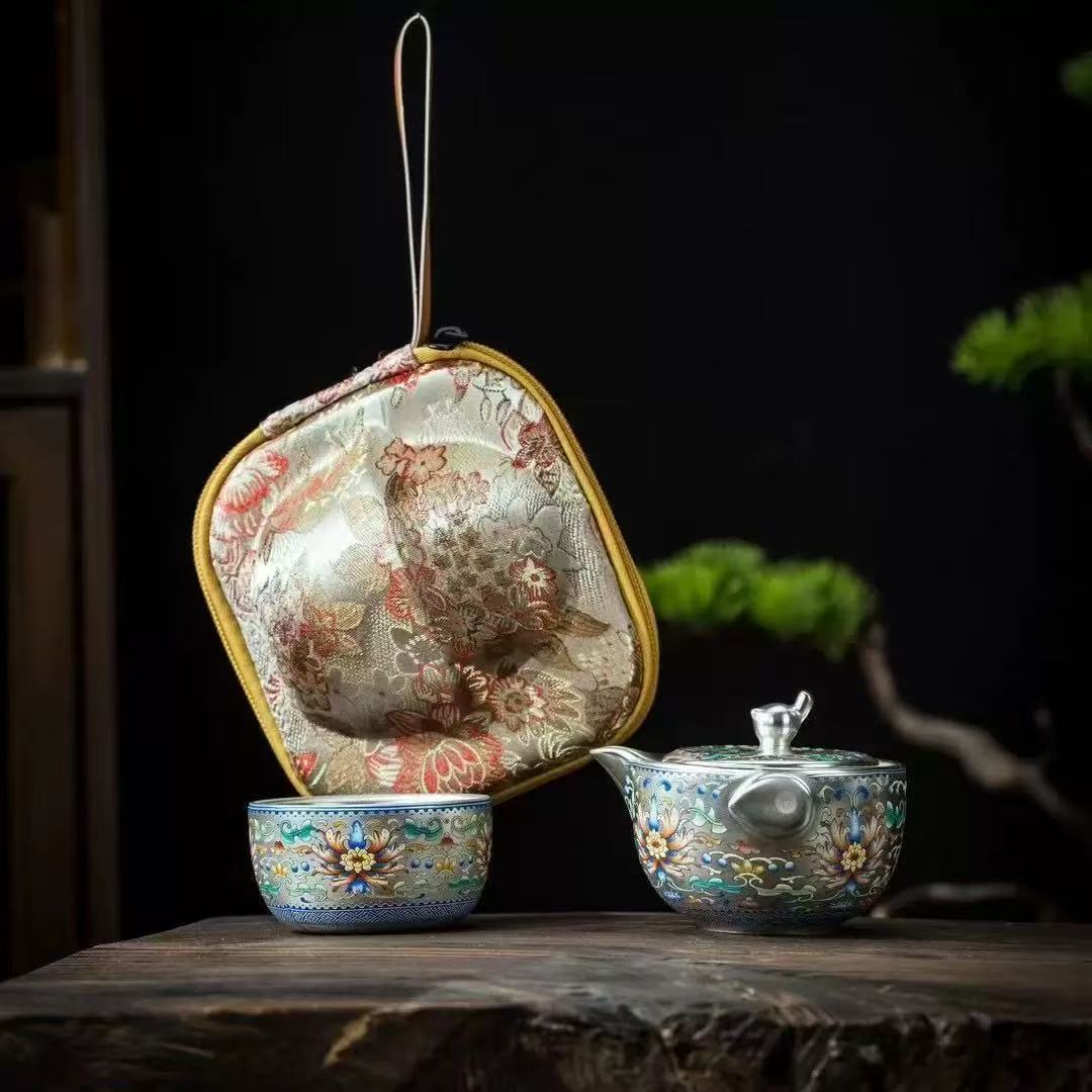 青花釉里红手抓大师手工高档鎏银茶器瓷胎包银旅行-6033