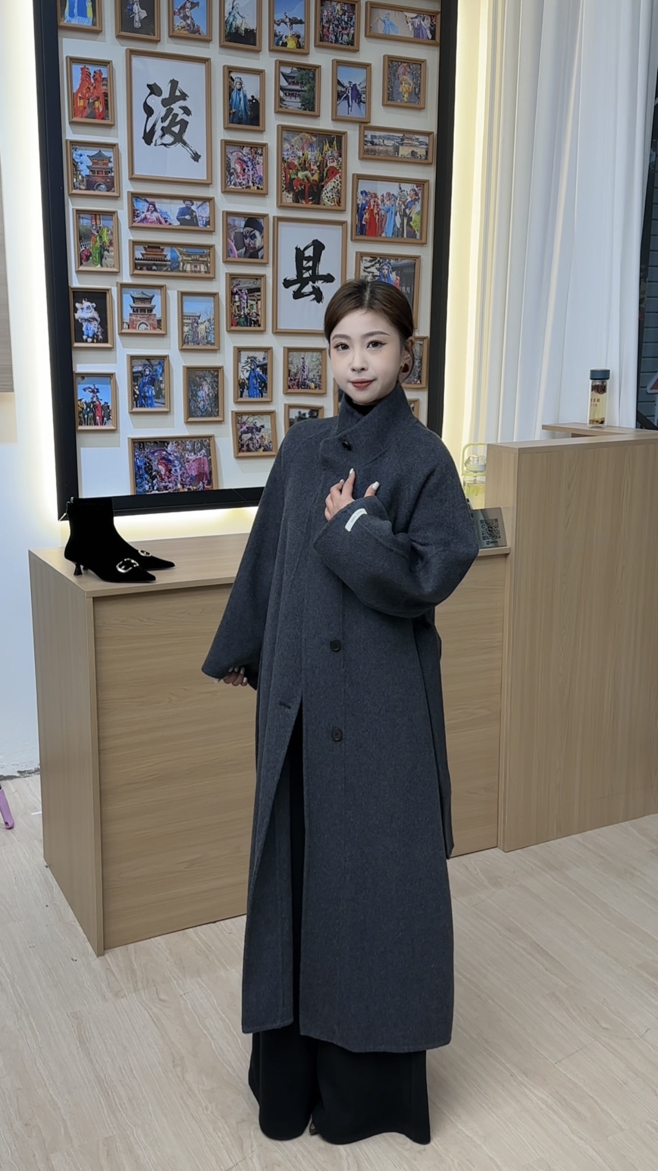 立领长袖长款直下摆纯色毛呢外套加厚毛呢休闲呢子