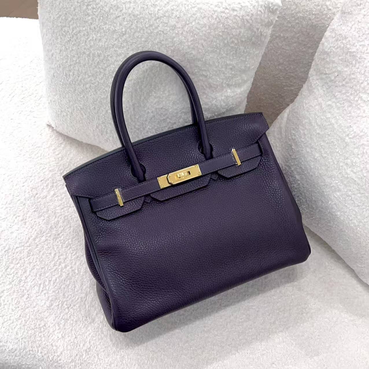 99新 Hermes/爱马仕 黑加仑紫金扣 Birkin 30 D刻