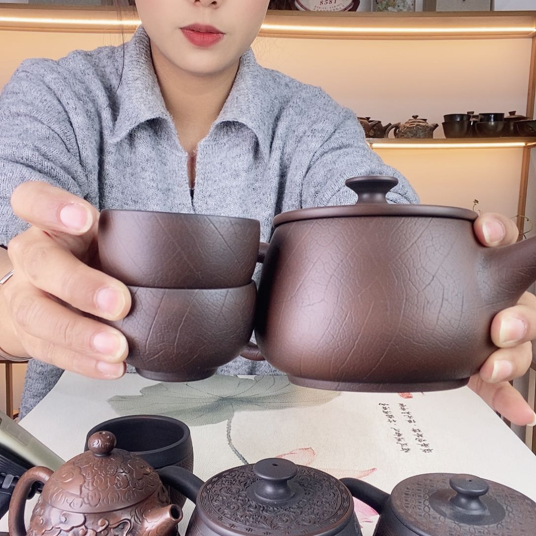 我**…建水紫陶400叶脉纹茶壶