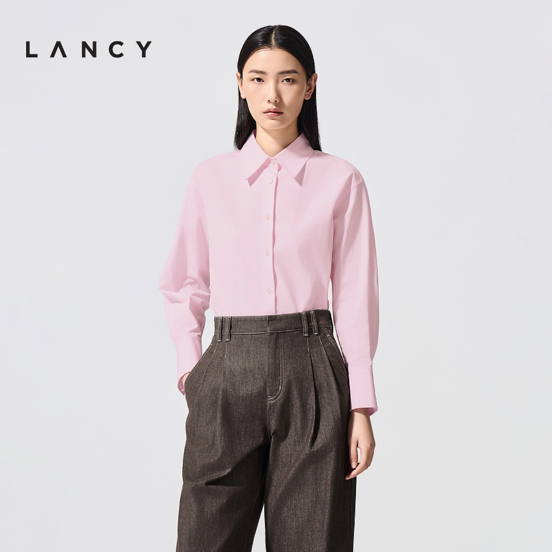 【100%棉】LANCY/朗姿2026春新款简约百搭长袖翻领衬衫粉色上衣女