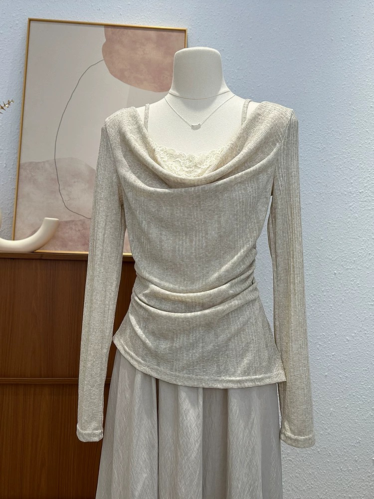 gs蕾丝拼接荡领长袖上衣女2025春季新款甜美褶皱修身显瘦别致小衫