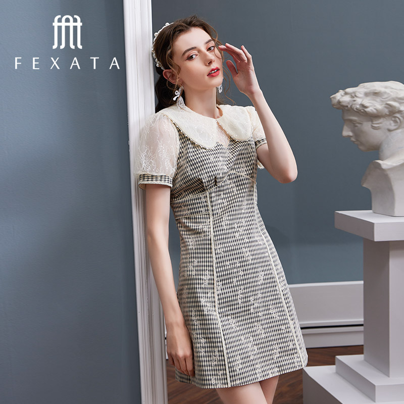 【老板娘夏天】FEXATA斐格思娃娃领格纹甜美泡泡袖时尚连衣裙