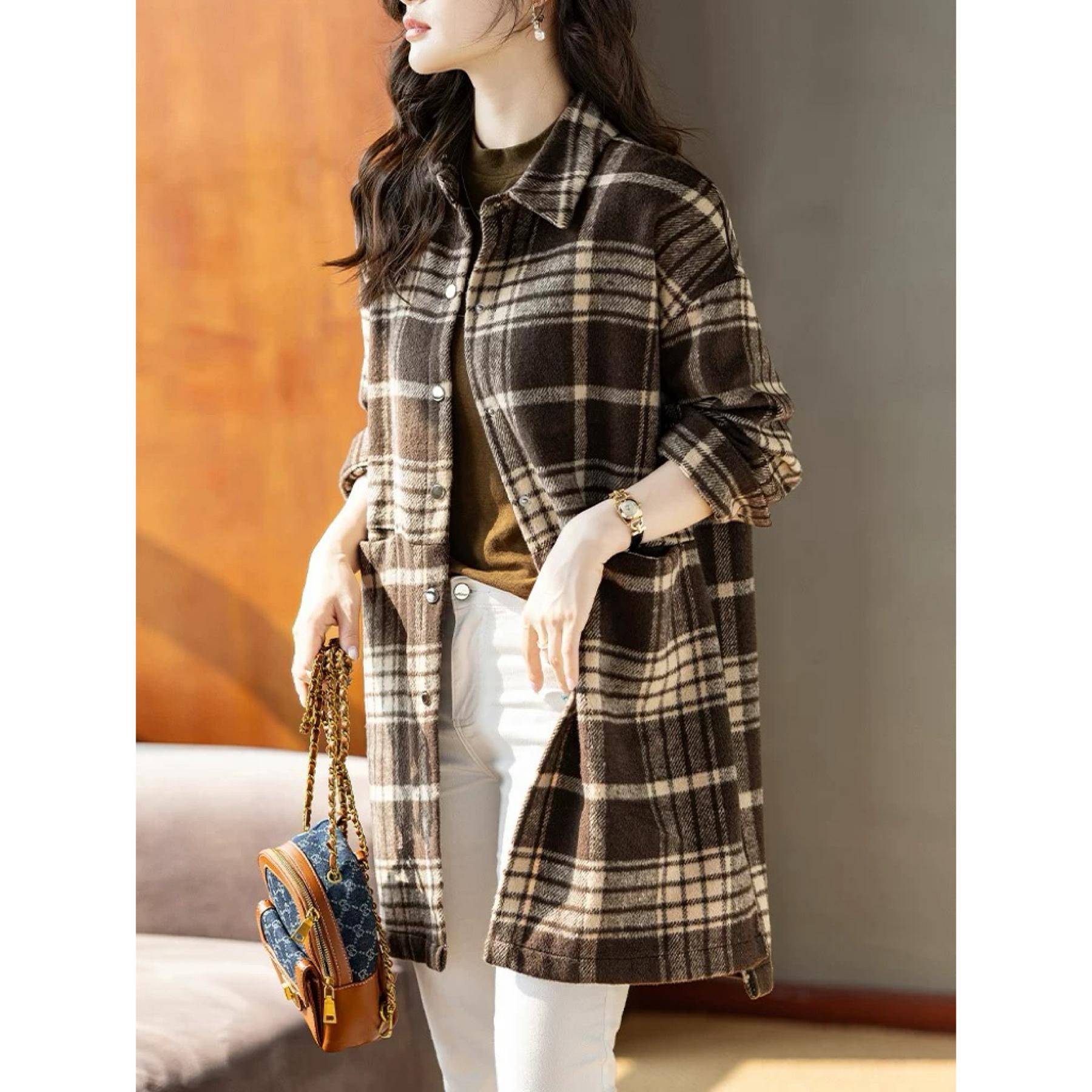 常规外套衬衫格子长袖显瘦英伦磨毛女衬衫宽松型领型