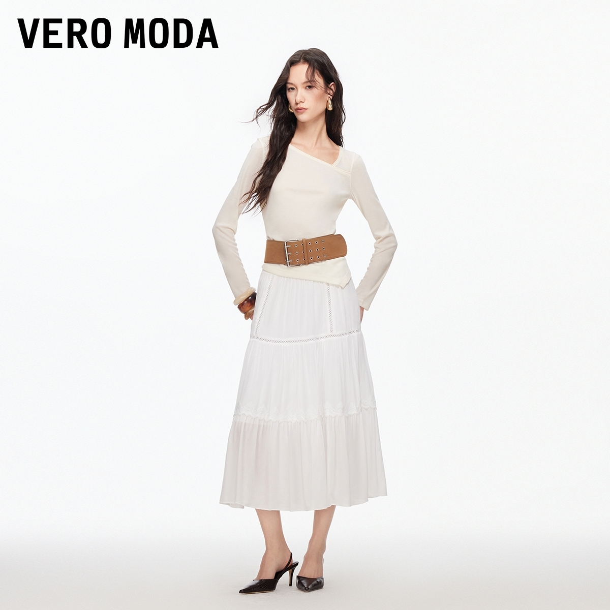 Vero Moda半身裙女【白月光】高腰镂空捏褶长款半身裙326116025