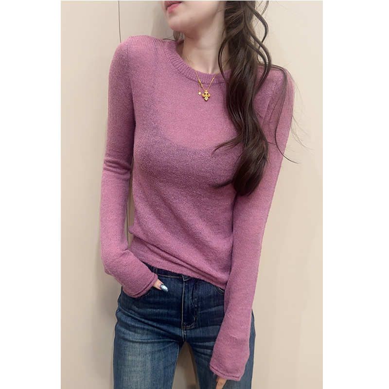 【桶哥艾美】25秋冬时尚圆领马海毛毛衣女修身显身材长袖打底针织衫