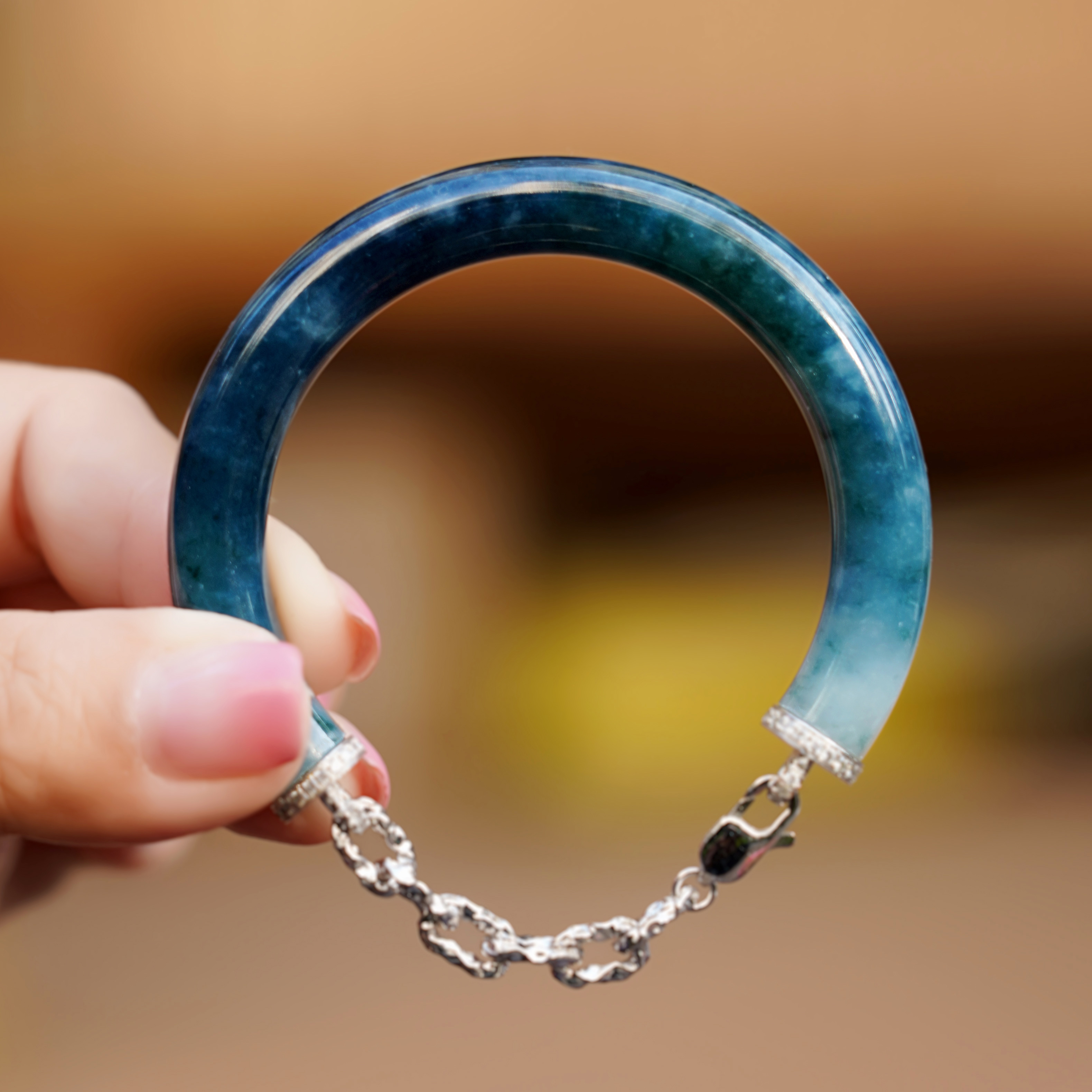 【遥望苍穹】稀有老坑星空蓝带紫渐变翡翠手镯 18K金镶开口美人镯 