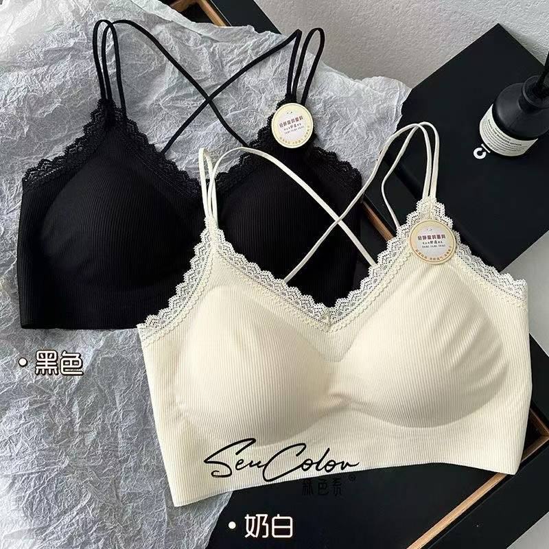 夏季新款双肩带交叉时尚小清新无痕舒适蕾丝薄款聚拢女士美背抹胸