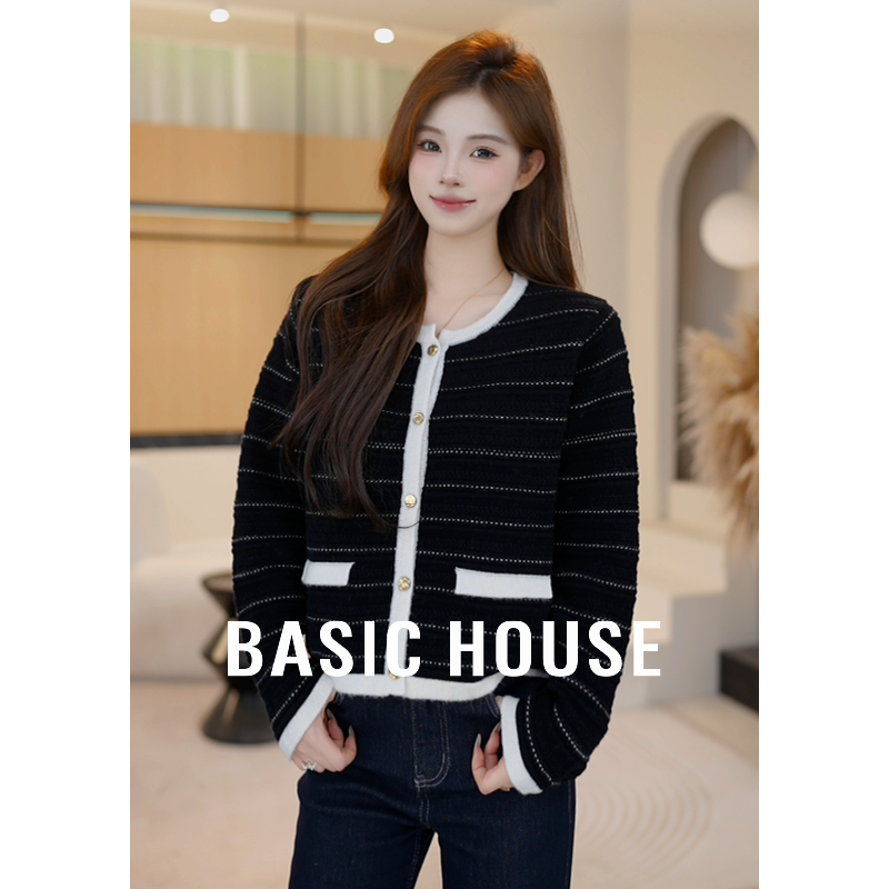 Basic House/百家好小香风撞色条纹羊毛衫女新款上衣B1195B54B12
