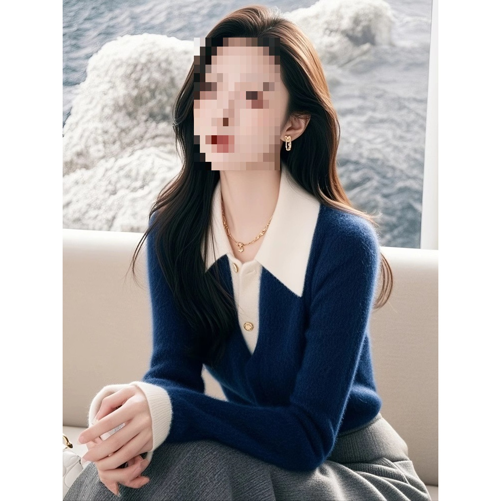 魅俪蔻新品现货A感蓝白拼色翻领毛衣女秋冬新款软糯内搭针织衫上