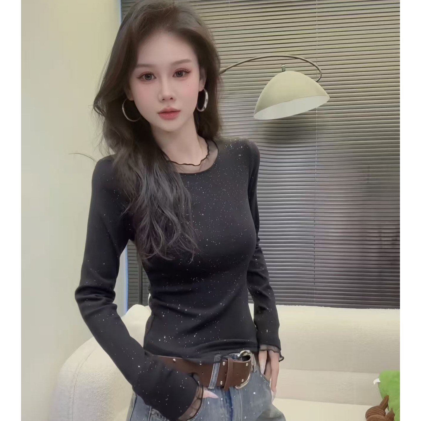 韩版圆领拼纱长袖T恤打底衫女秋季时尚百搭弹力休闲上衣-8081