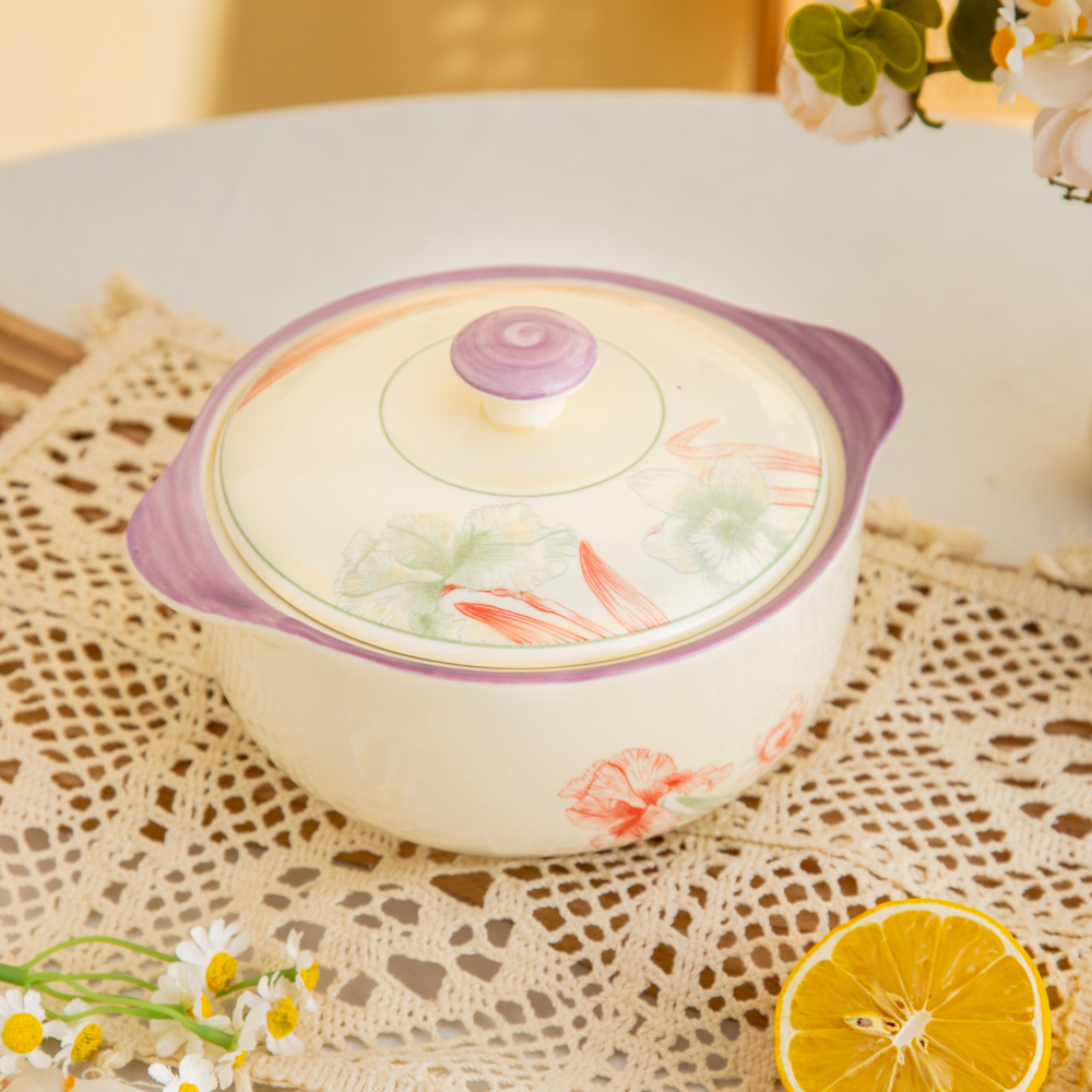 家用陶瓷餐具美二烧釉下彩画沙系列6.5英寸双耳陶瓷盖泡面碗面碗