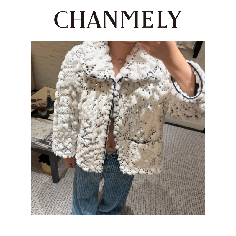 【CHANMITY】25/FW法式香风高级大翻领环保獭兔亮片外套0251072