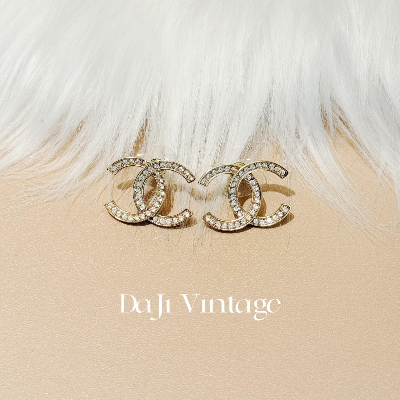 大吉中古/Chanel香奈儿淡金色双c满钻耳钉