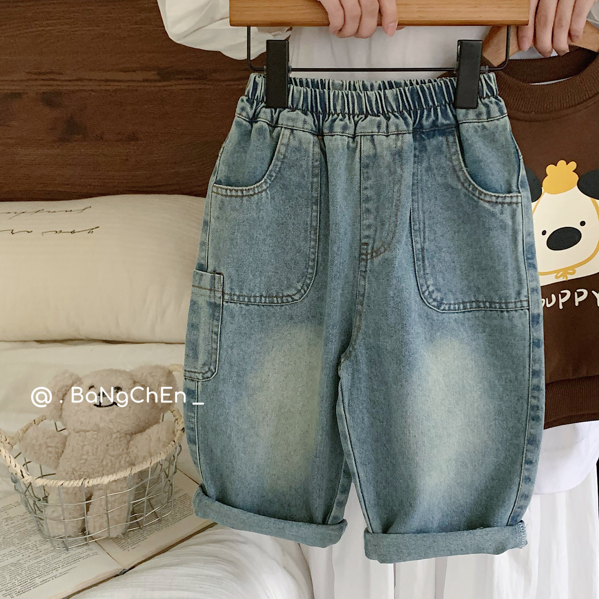 G0568儿童牛仔裤秋季新款多口袋直筒休闲裤男女童砂洗长裤