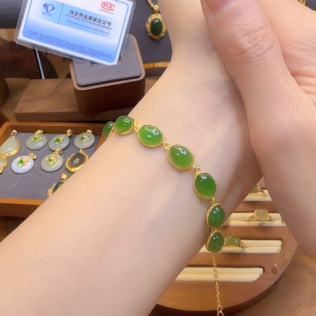 和田玉手链银S925镀金镶嵌