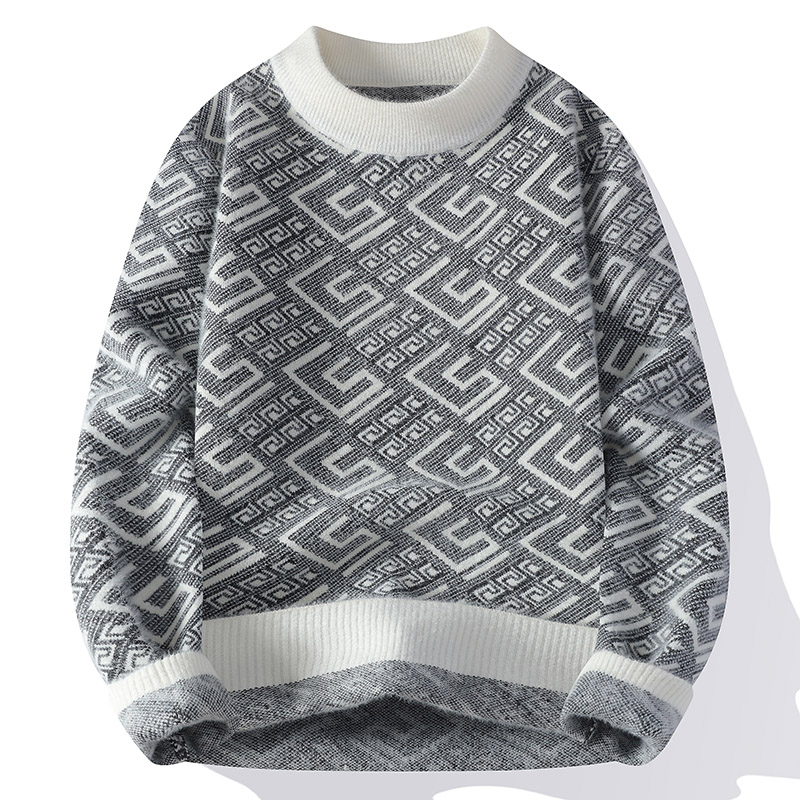 【高品质】2025秋冬季水晶绒时尚针织衫男士宽松保暖圆领毛衣9700